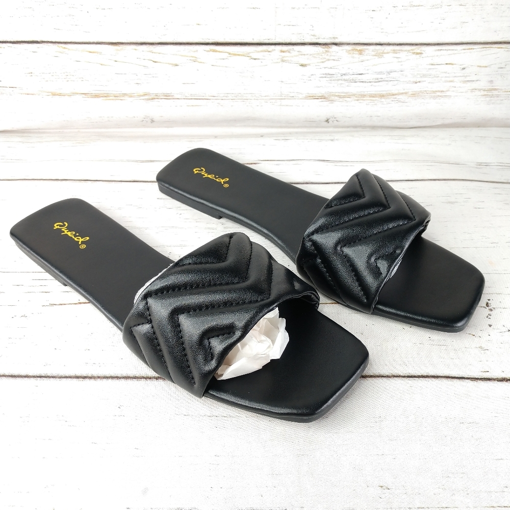 Qupid Flashy Chevron Quilted Square Toe Slide Sandals